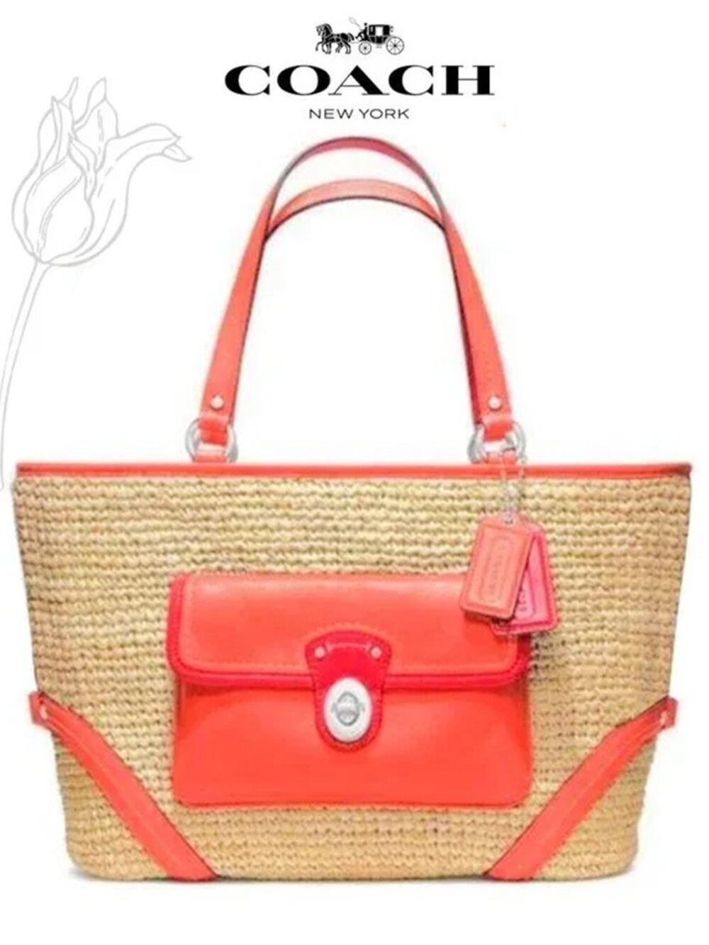 Coach Straw Natural & Tangerine Leather Shopper Pocket Tote Bag